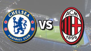 The Chelsea and AC Milan club badges on top of a photo of Stamford Bridge in London, England