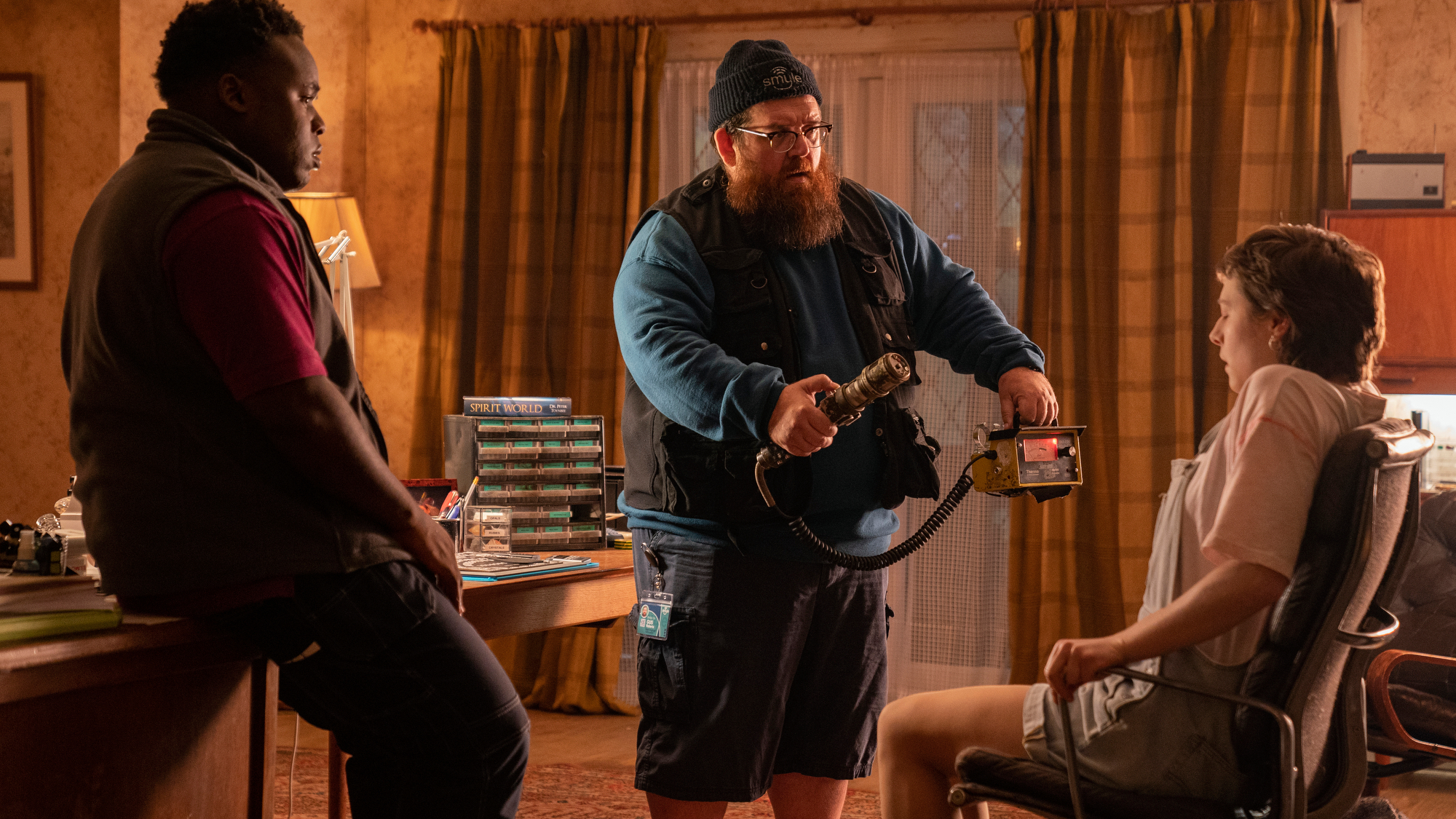 L-R: Elton (Samson Kayo), Gus (Nick Frost) and Astrid (Emma D'Arcy) in a scene from Prime Video's 