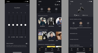Three screengrabs of the B&W Music app, using the Pi8 earbuds