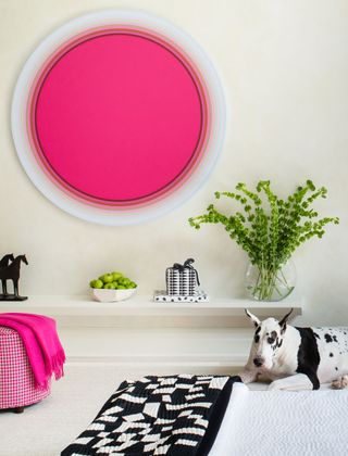Pink circle wall hanging, pink gingham footstool