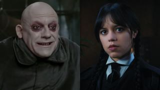From left to right: Chistopher Lloyd smiling as Uncle Fester in The Addams Family and Jenna Ortega as Wednesday looking serious in Wednesday.