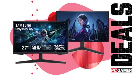 Two gaming monitors float in the funky PCG deal void.