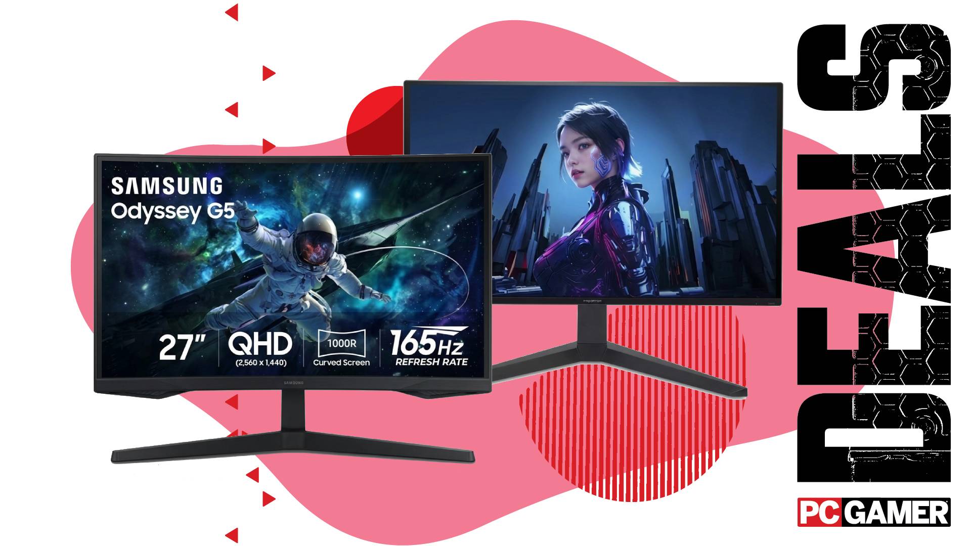 Two gaming monitors float in the funky PCG deal void.