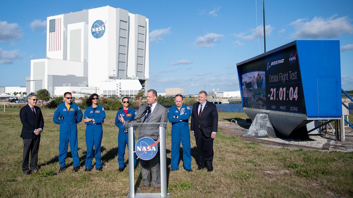 NASA Administrator Jim Bridenstine, NASA Deputy Administrator Jim Morhard, Kennedy Space Center Director Bob Cabana, and NASA Astronauts Josh Cassada and Suni Williams, who are assigned to Boeing&rsquo;s first operation flight of Starliner, and NASA astronauts Nicole Mann, Michael Fincke, and Boeing astronaut Chris Ferguson, who are assigned to Boeing&rsquo;s Crew Flight Test, are seen during a press conference ahead of the Boeing Orbital Flight Test mission, Thursday, Dec. 19, 2019 at NASA&rsquo;s Kennedy Space Center in Florida.
