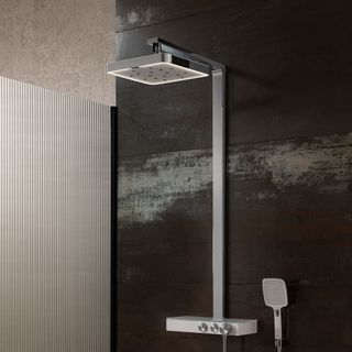 Large silver showerhead in a black shower enclosure