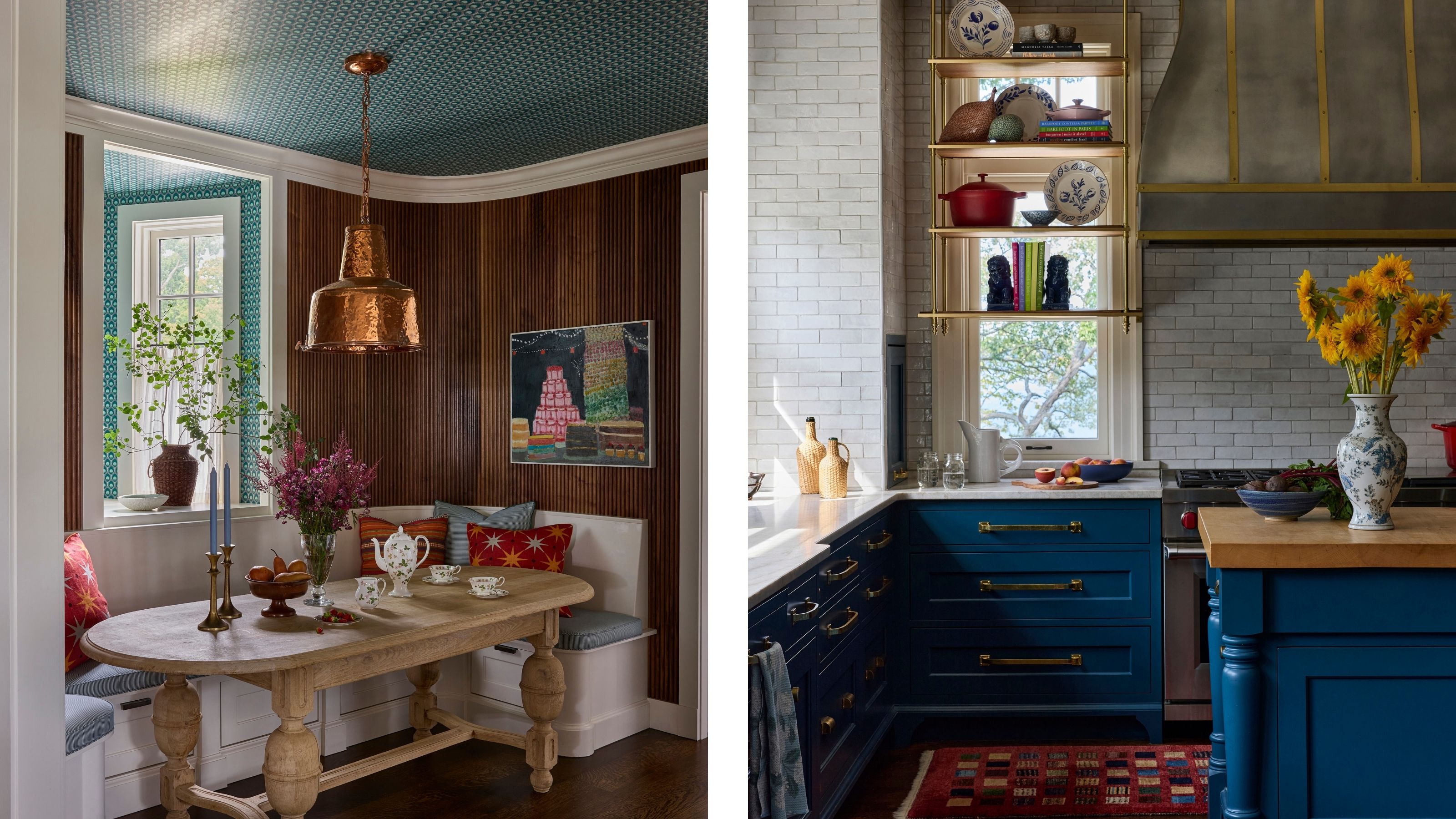Split image: A cozy breakfast nook with a wooden banquette table under a teal wallpapered ceiling alongside a kitchen corner with deep blue cabinets and open brass shelving.