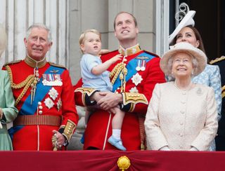 Prince Charles, Prince of Wales, Prince William, Duke of Cambridge, Prince George of Cambridge, Catherine, Duchess of Cambridge and Queen Elizabeth II stand on the balcony of Buckingham Palace during Trooping the Colour on June 13, 2015 in London, England