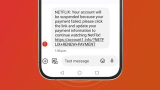 A scam SMS text message for Netflix on a phone on a red background