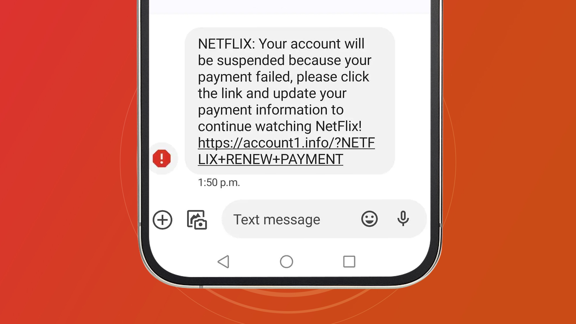 A scam SMS text message for Netflix on a phone on a red background