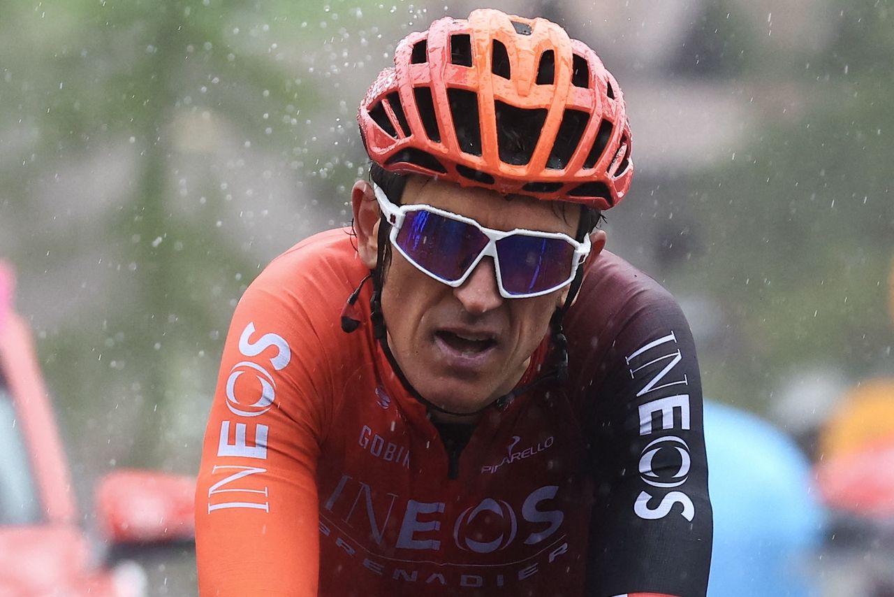 Team Ineos' British rider Geraint Thomas crosses the finish line of the 16th stage of the 107th Giro d'Italia cycling race, 206km between Livigno and Santa Cristina Val Gardena on May 21, 2024. (Photo by Luca Bettini / AFP)