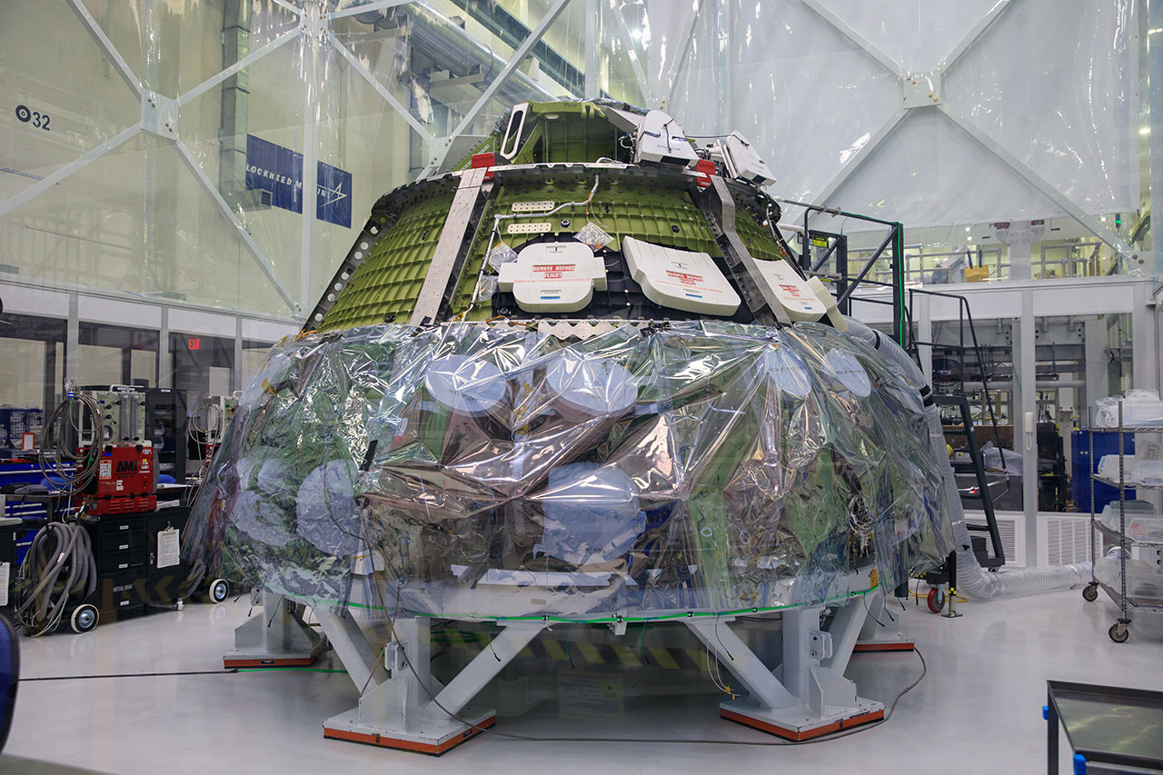 The Artemis 2 Orion spacecraft as seen under assembly at NASA's Kennedy Space Center in Florida in November 2021.