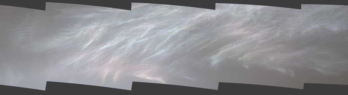 A composite image shows iridescent noctilucent clouds on March 5, 2021.
