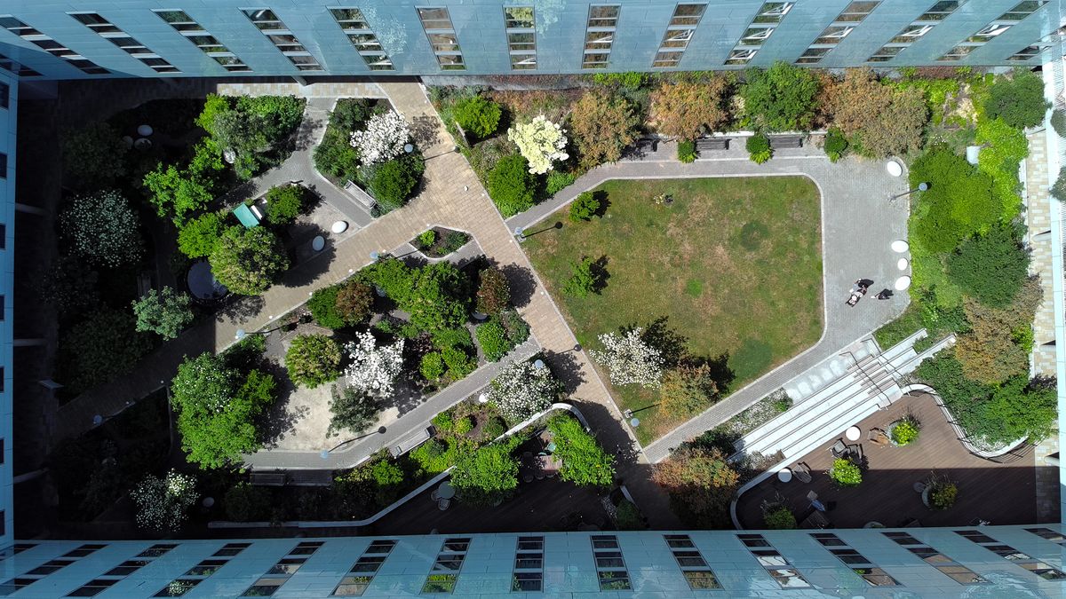 Photo of a park within apartment blocks taken with the Holy Stone HS900 Pro
