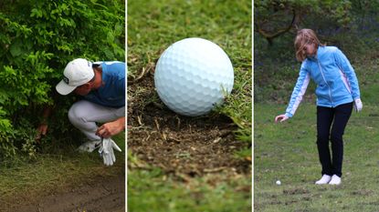 A male golfer looking in a bush, a golf ball in a divot and a female golfer dropping a ball