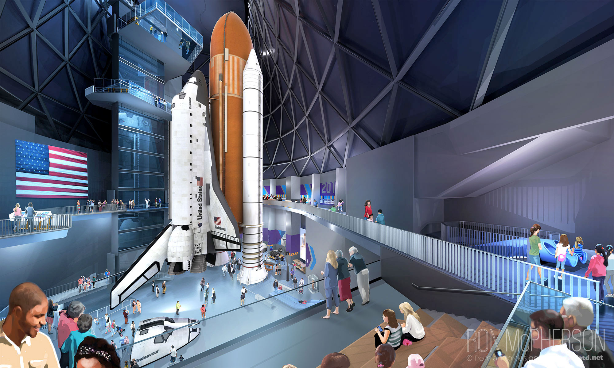 A 2020 artist's rendering of the space shuttle Endeavour exhibit in the Samuel Oschin Air and Space Center at the California Science Center in Los Angeles.