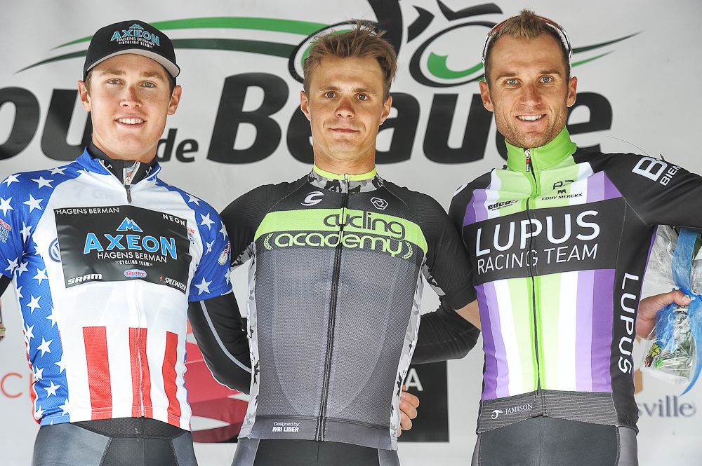 Tour de Beuace stage 1 podium: Greg Daniel, Mikhel Raim and Chad Beyer