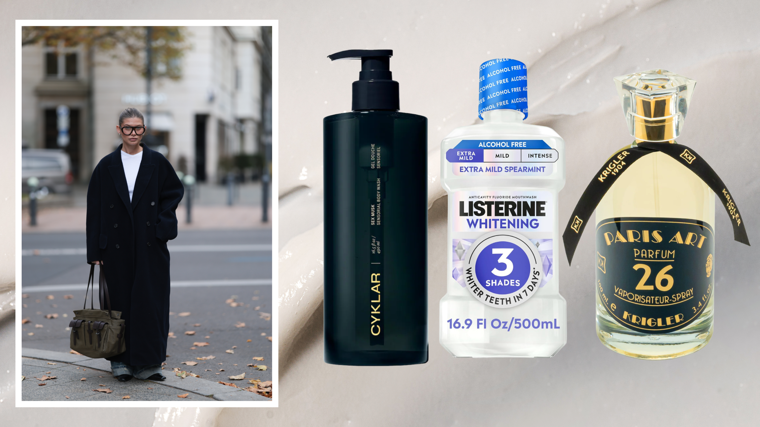 A woman wearing an oversized trench coat next to three bottles of beauty products: body wash, perfume, mouthwash