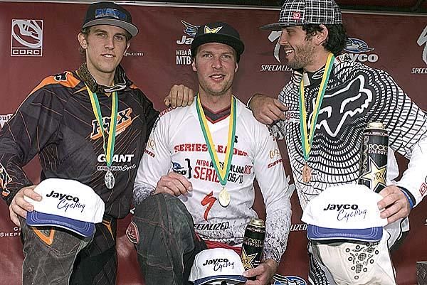 The medallists from the men's elite downhill on the final day of racing in Glenorchy, Tasmania.