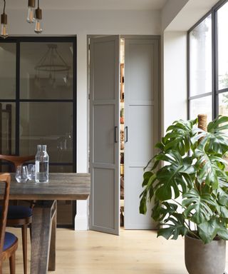 Pantry door ideas with a shaker style door with modern handles next to a crittal window