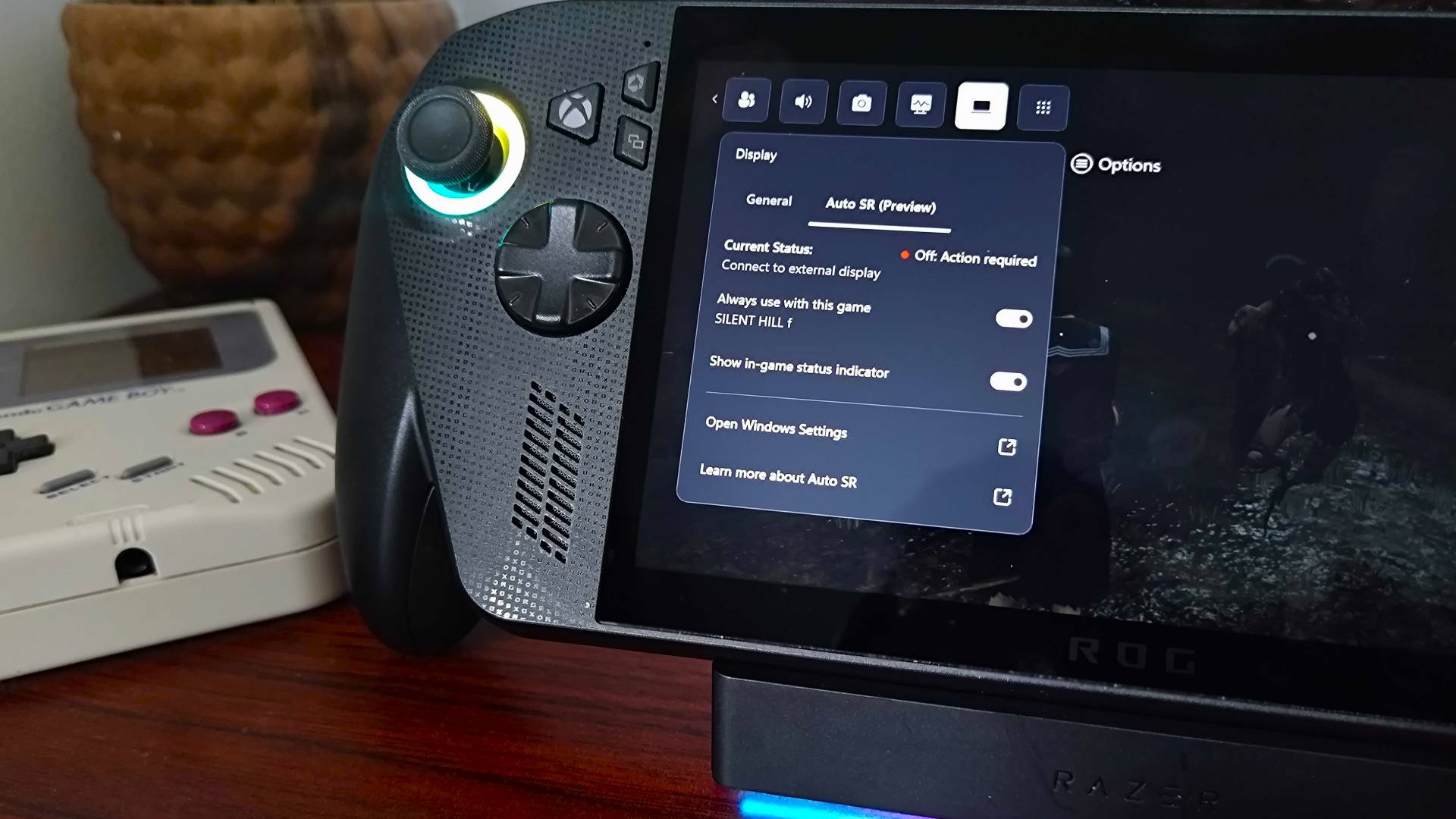 Close up of ROG Xbox Ally X on Razer dock with Auto SR menu open.