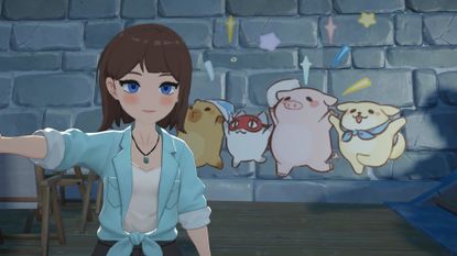 The protagonist takes a selfie in front of a wall decorated with cute animal pictures in life sim RPG, Starsand Island 