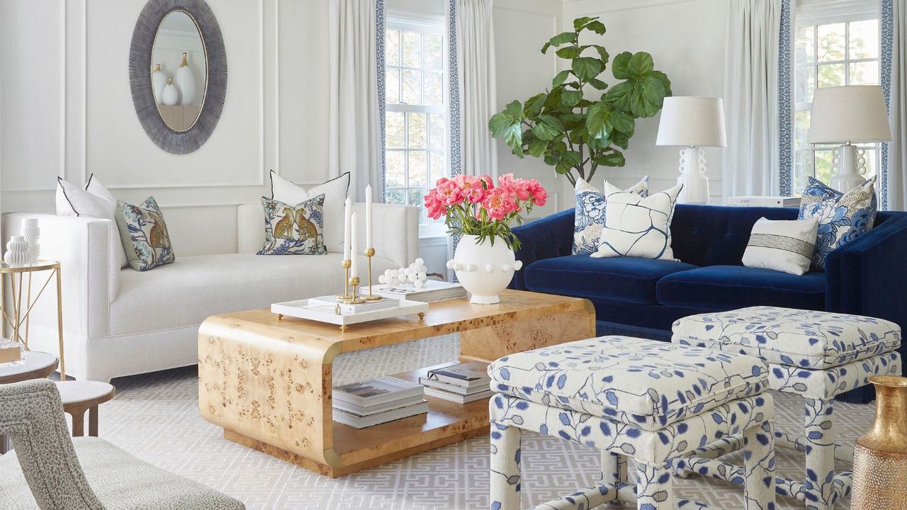 traditional living room with blue and white color scheme