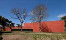A reddish concrete building with blue skies and trees in the background and leafless trees in front of the building