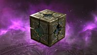 A promotional render of the Horadric Cube from Diablo 4 Lord of Hatred. An ancient-looking cube with a golden design on it is surrounded by purple magic. The cube has gaps that make it look like it can unfold.