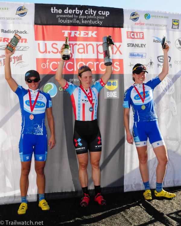 Women&rsquo;s podium (L to R): Katerina Nash (Luna) 2nd, Katie Compton (Trek Cyclocross Collective) 1st, Georgia Gould (Luna) 3rd