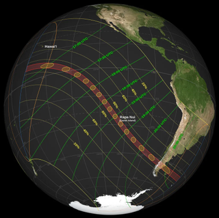 A map of the globe shows the path October 2's annular eclipse will sweep over Earth.