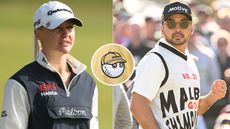 Charley Hull and Jason Day look on, with a close up of a Malbon Golf logo