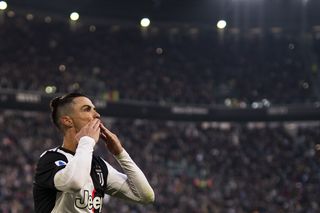 Cristiano Ronaldo celebrates after scoring a hat-trick for Juventus against Cagliari in Serie A in January 2020.