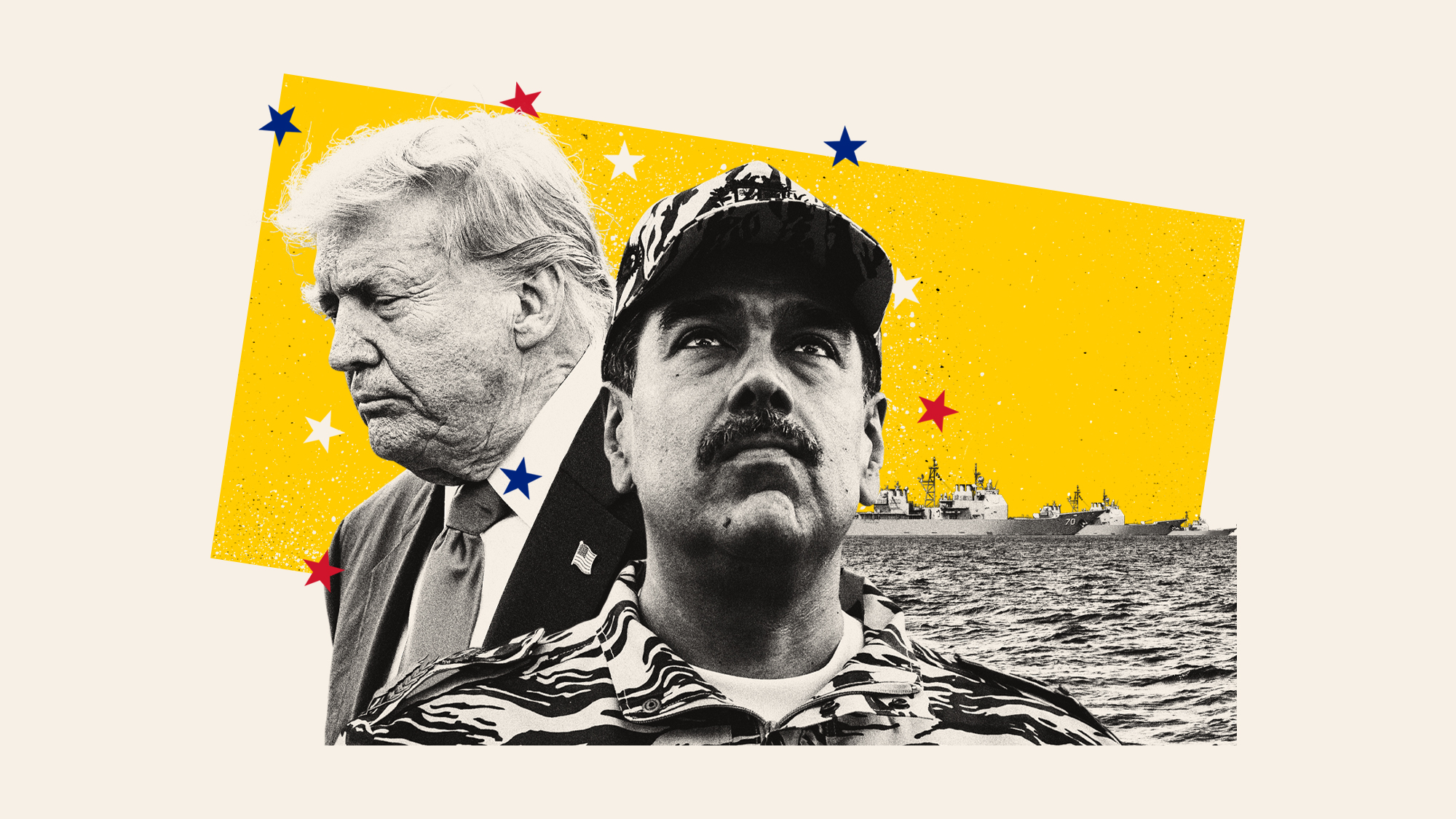 Photo composite illustration of Donald Trump, Nicolas Maduro and US warships