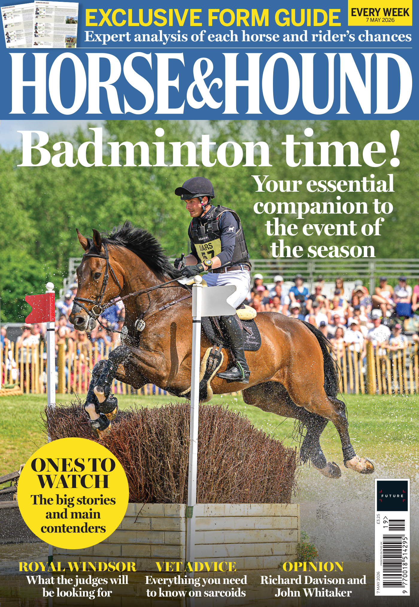 The front cover of Horse &amp; Hound magazine, 7 may 2026 issue, featuring a horse and rider jumping a cross-country fence at Badminton Horse Trials.