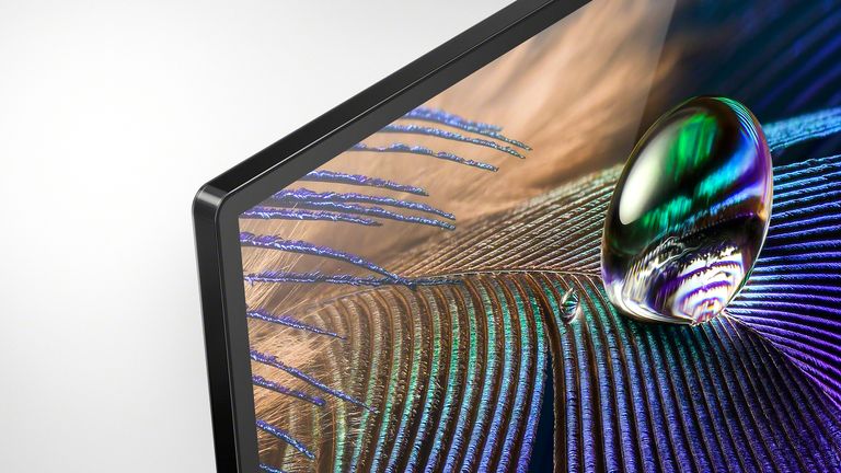 Sony A90J OLED TV corner detail, showing thinness of the screen