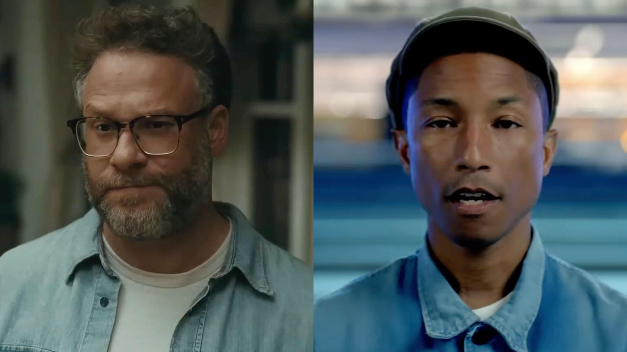 Seth Rogen and Pharrell Williams in a side-by-side photo.