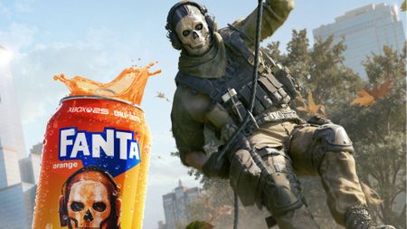 Xbox x Fanta collaboration image showing Call of Duty's Ghost rappelling on a rope next to an orange Fanta can.