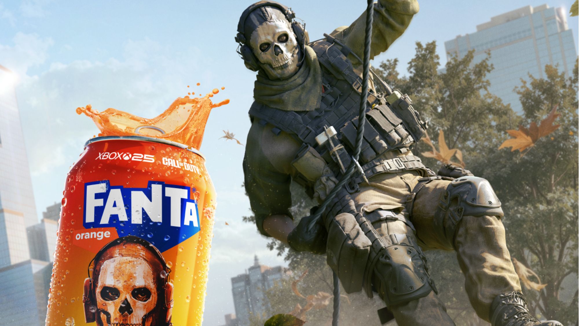 Xbox x Fanta collaboration image showing Call of Duty's Ghost rappelling on a rope next to an orange Fanta can.