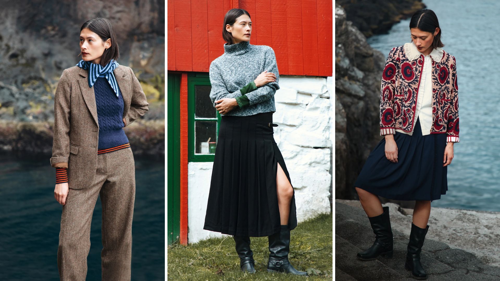 Three models wearing the new Brora collection