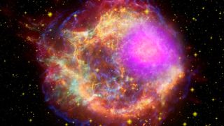 composite shows the Cassiopeia A supernova remnant across the spectrum: Gamma rays (magenta) from NASA's Fermi Gamma-ray Space Telescope; X-rays (blue, green) from NASA's Chandra X-ray Observatory; visible light (yellow) from the Hubble Space Telescope; infrared (red) from NASA's Spitzer Space Telescope; and radio (orange) from the Very Large Array near Socorro, N.M.