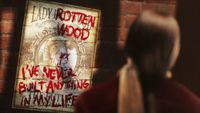 Clockwork Revolution screenshot which shows a blood-smeared poster, teasing how deeply your actions can have influence