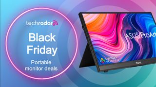 Black Friday text next to a portable monitor