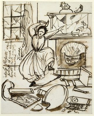 A pen & ink cartoon caricature of Christina Rossetti by her brother Dante Gabriel Rossetti 1862, showing her having a tantrum after reading The Times review of her poetry. ©Wightwick Manor, National Trust.