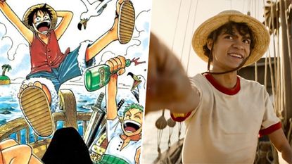 Split pic of Netflix's One Piece and the cover for volume 1 of the manga