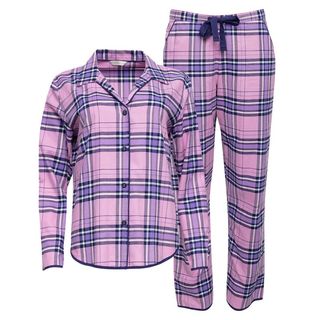 flat lay of purple checked cyber jammies flannel pajamas
