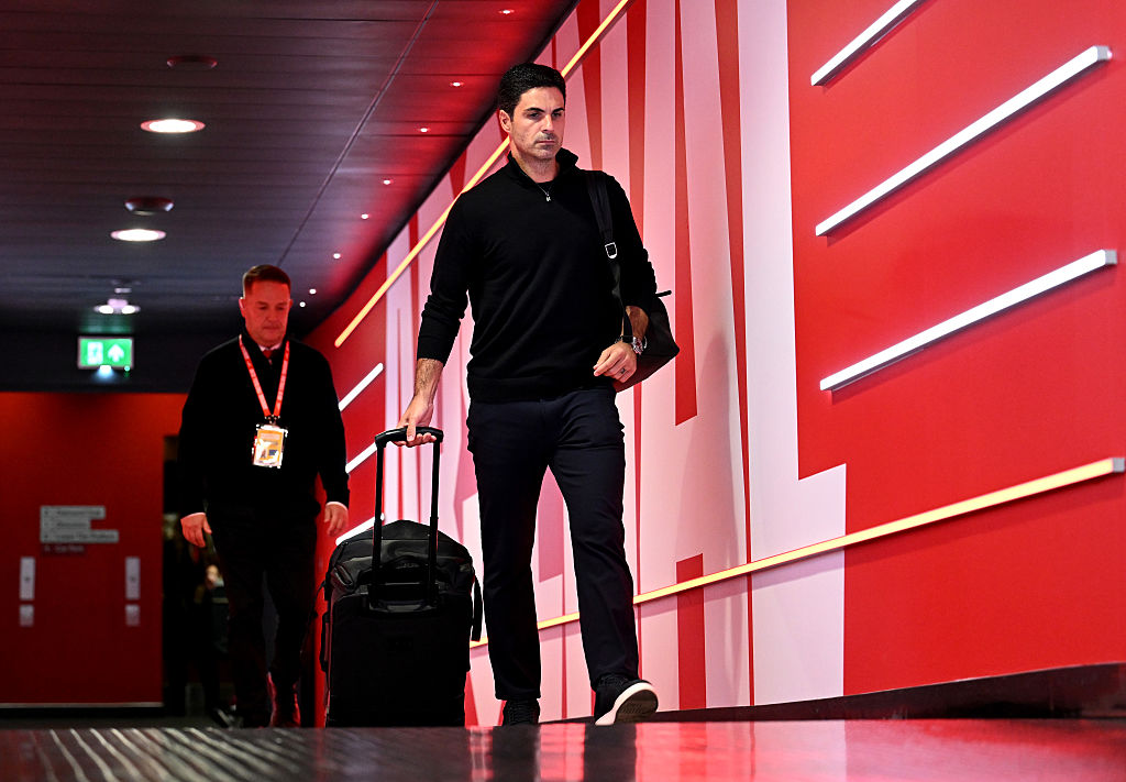 Mikel Arteta, Manager of Arsenal, arrives at the stadium prior to the Premier League match between Arsenal and Leeds United at Emirates Stadium on August 23, 2025 in London, England.