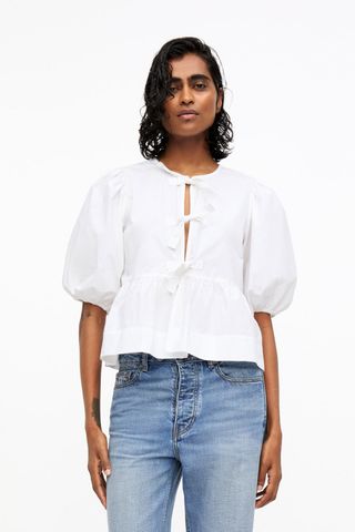 Cotton Poplin Peplum Tie Blouse