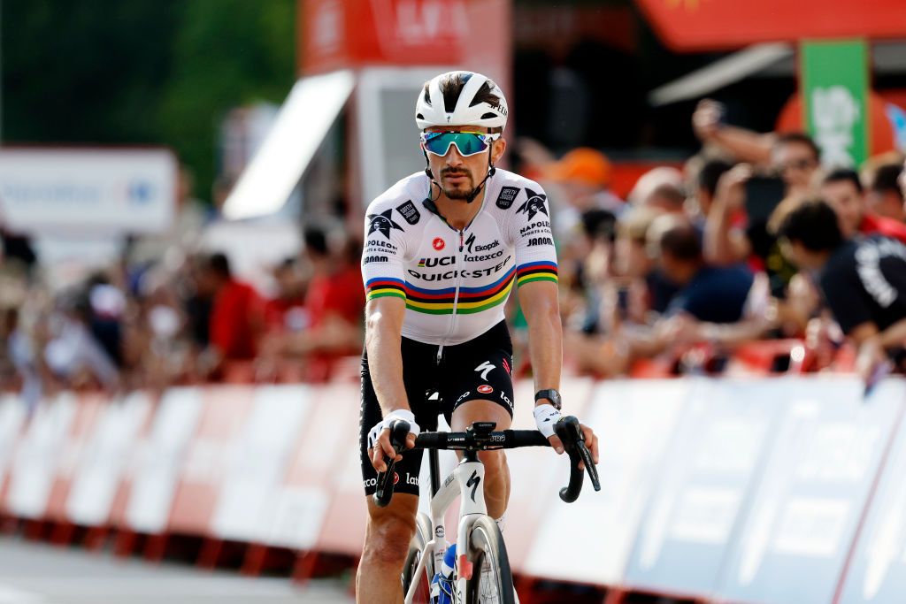 UTRECHT NETHERLANDS AUGUST 20 Julian Alaphilippe of France and Team QuickStep Alpha Vinyl crosses the finishing line during the 77th Tour of Spain 2022 Stage 2 a 1751km stage from sHertogenbosch to Utrecht LaVuelta22 WorldTour on August 20 2022 in Utrecht Netherlands Photo by Bas CzerwinskiGetty Images