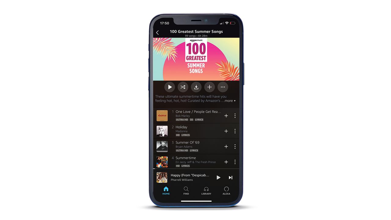 A phone on a white background running the Amazon Music Unlimited app