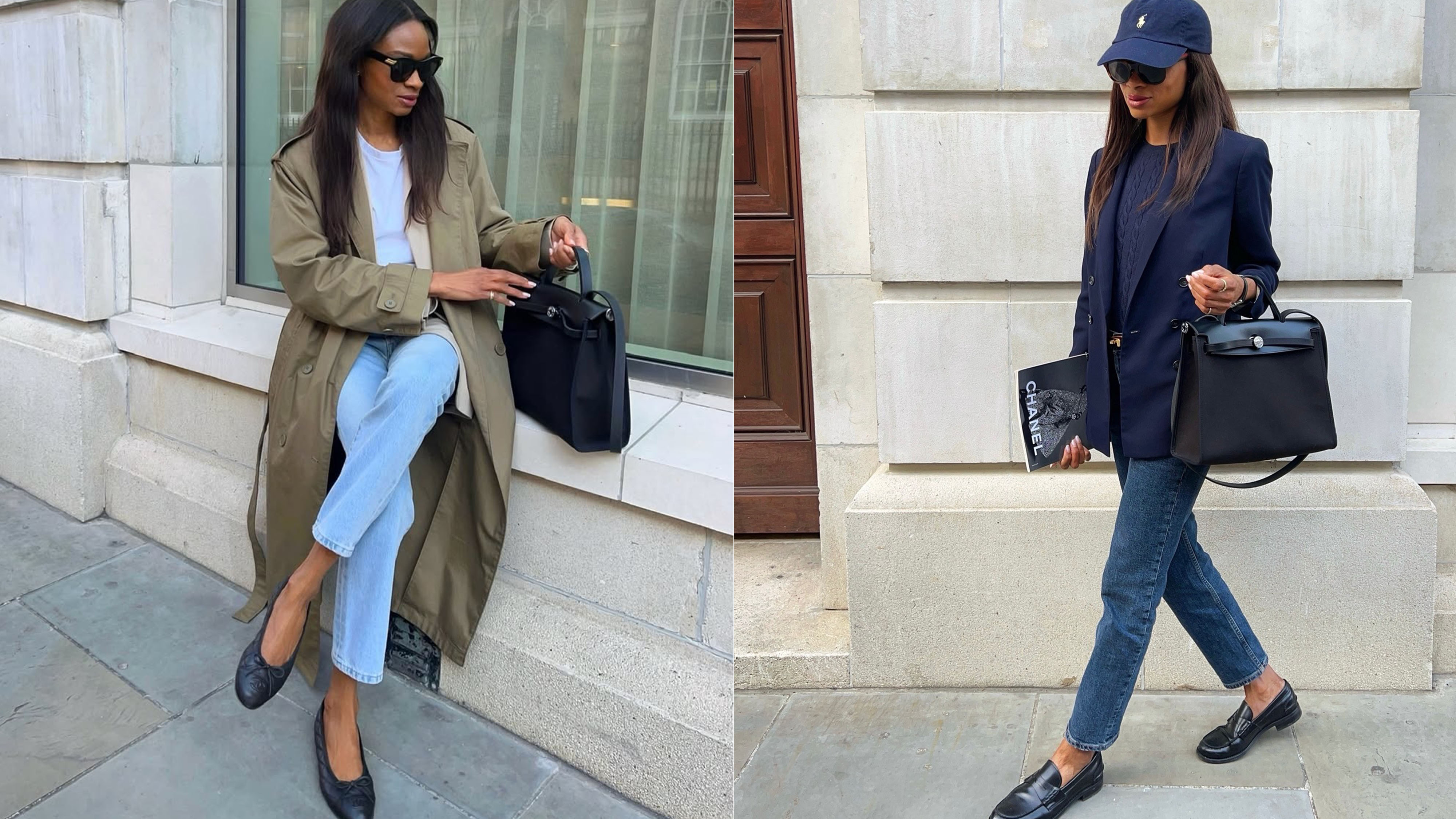 Woman wearing jeans and black flat shoes 